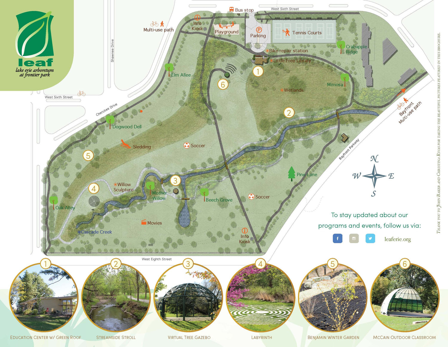 A map of the Arboretum including six outdoor attractions, including walking paths, willow art, slides & playgrounds, and the Labyrinth