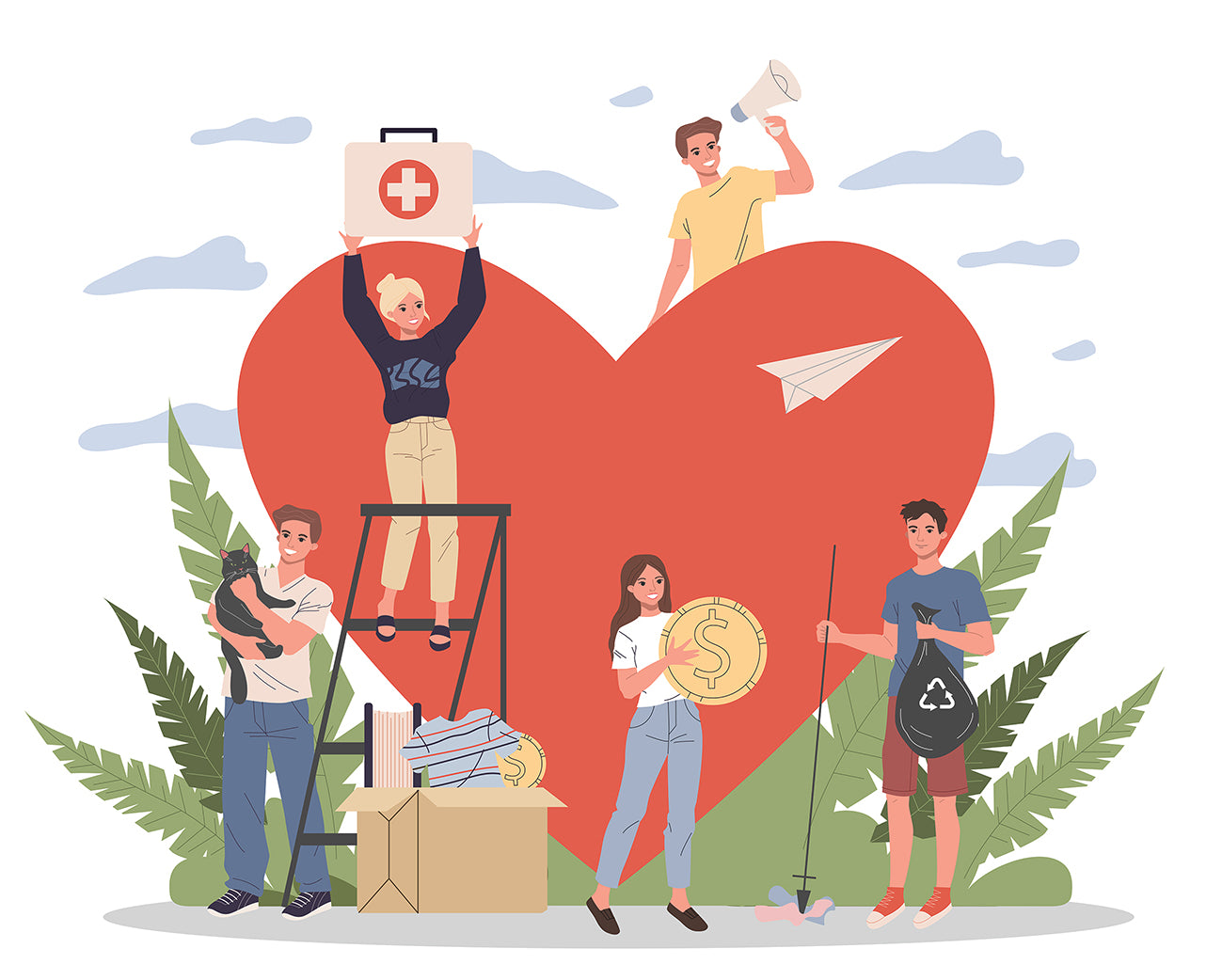 A animated image consisting of a large red heart surrounded by leaves, people, a paper airplane and a cardboard box filled with books, clothes and money. The people included are holding a med kit, a black cat, a large gold coin, a megaphone and a trash bag and litter grabber