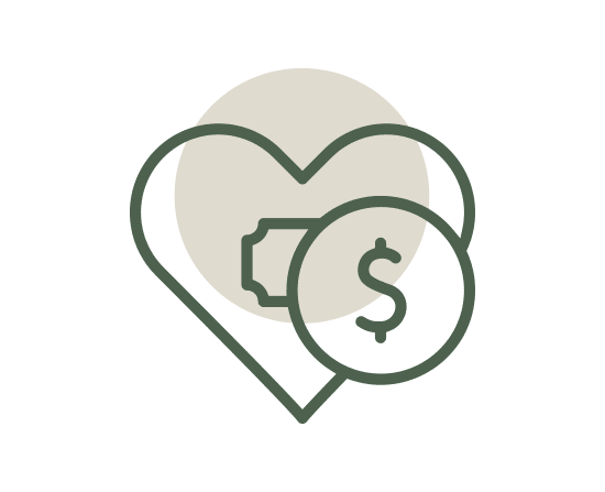 a dark green icon of a heart with a coin in front of it. the icon has a tan background.