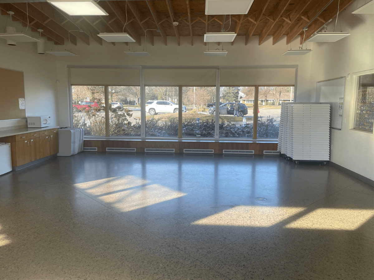 LEAF Education Center. The space includes 10 tables and 75 chairs, and features natural lighting and large windows overlooking the arboretum